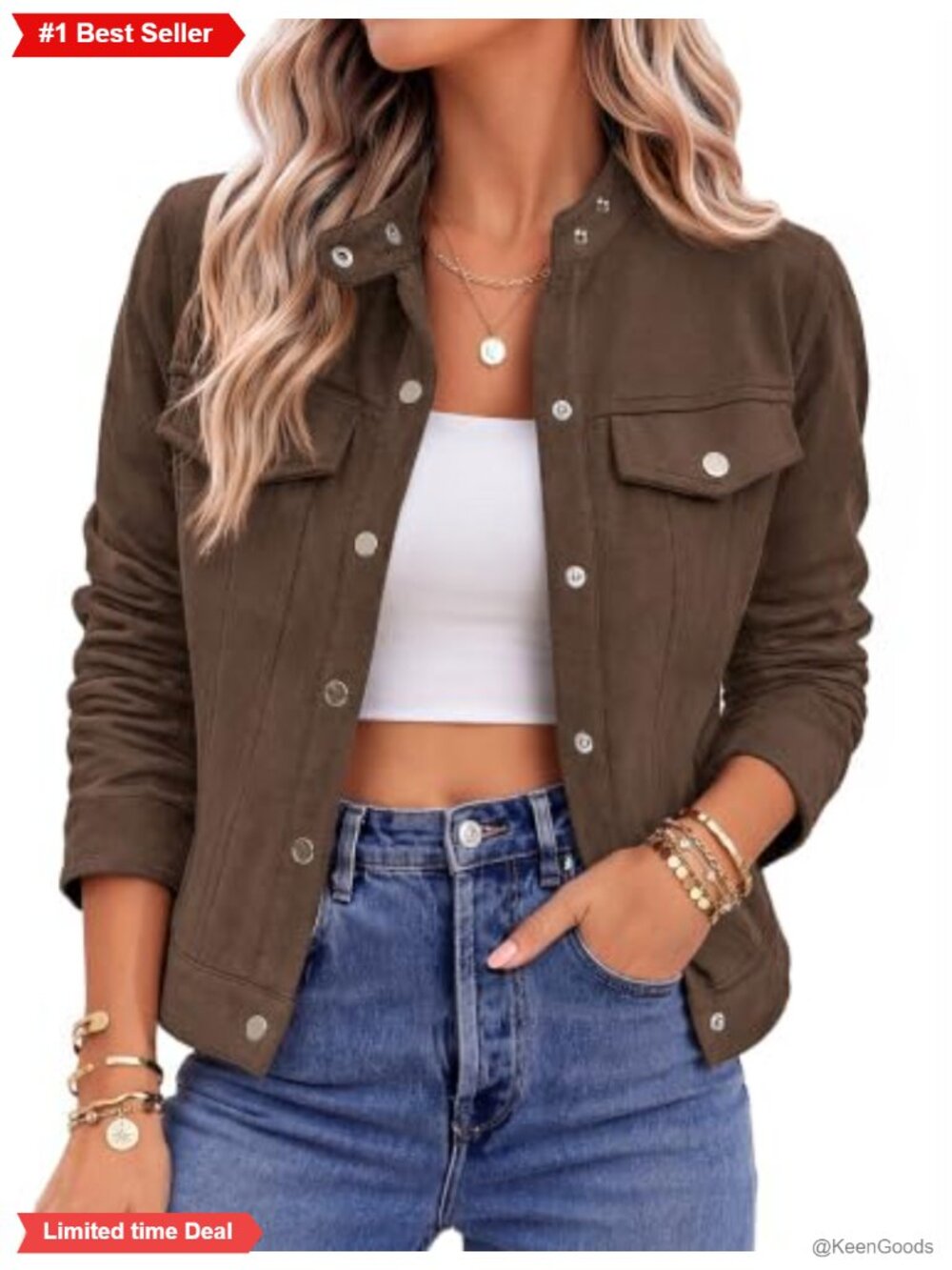 Faux Suede Cropped Jacket Snap Button Casual Coat